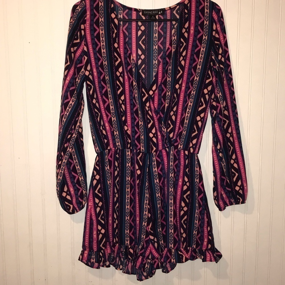 Living Doll V-Neck long sleeve Aztec romper shorts with ruffles size small